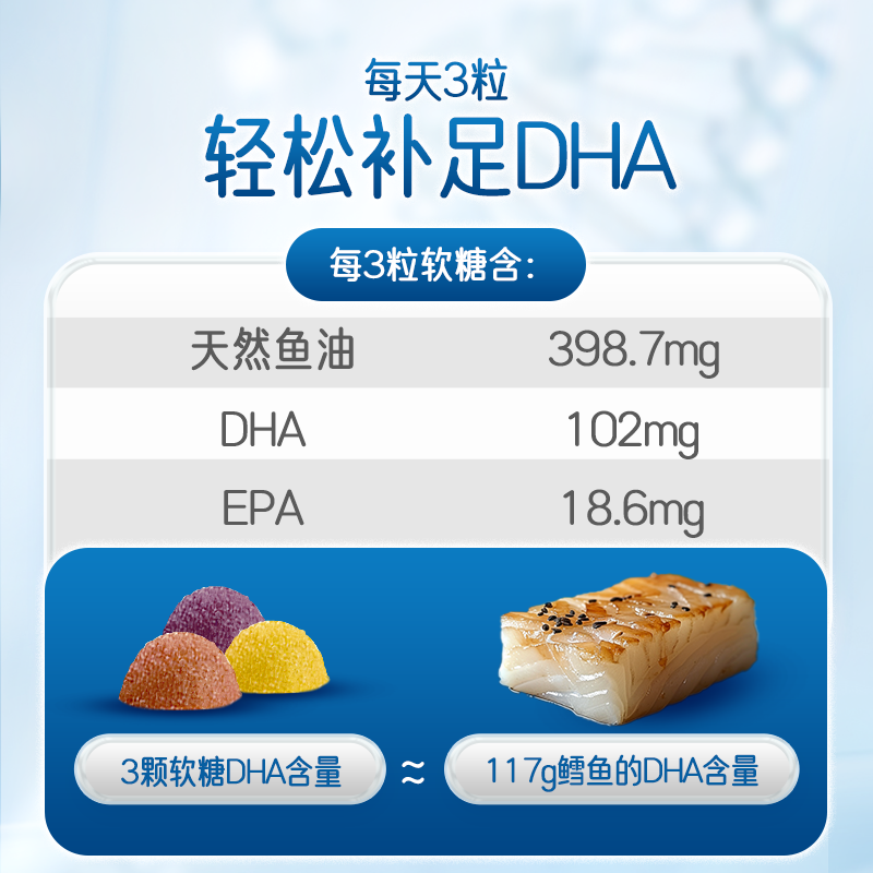 【自营】佳思敏儿童三色鱼油dha软糖非藻油补脑鱼肝油60粒*2瓶