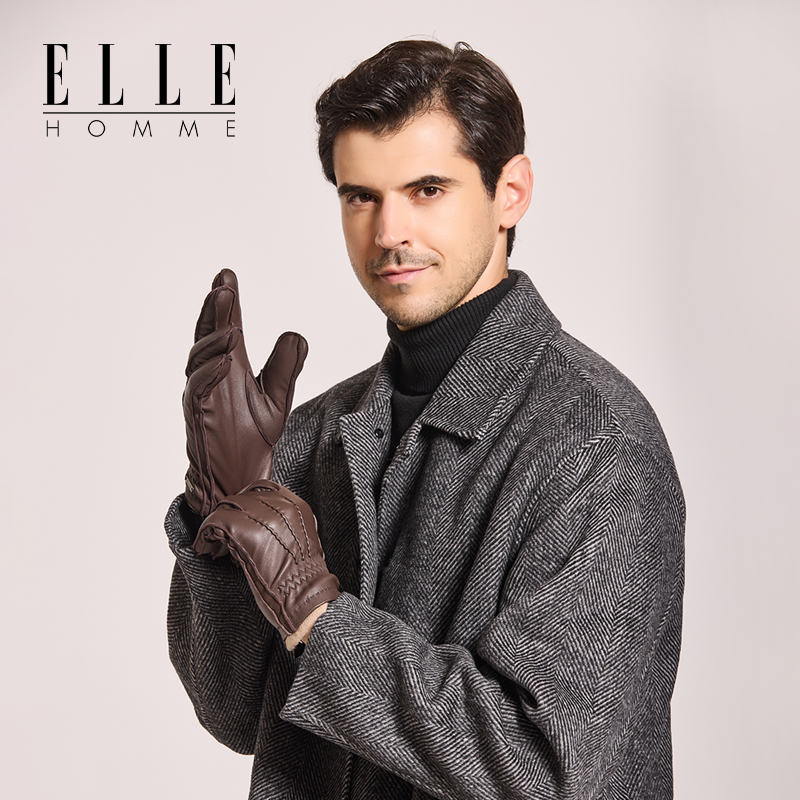 ELLE HOMME羊皮手套男士秋冬季羊毛羊绒保暖防风骑行开车送礼礼盒 - 图0