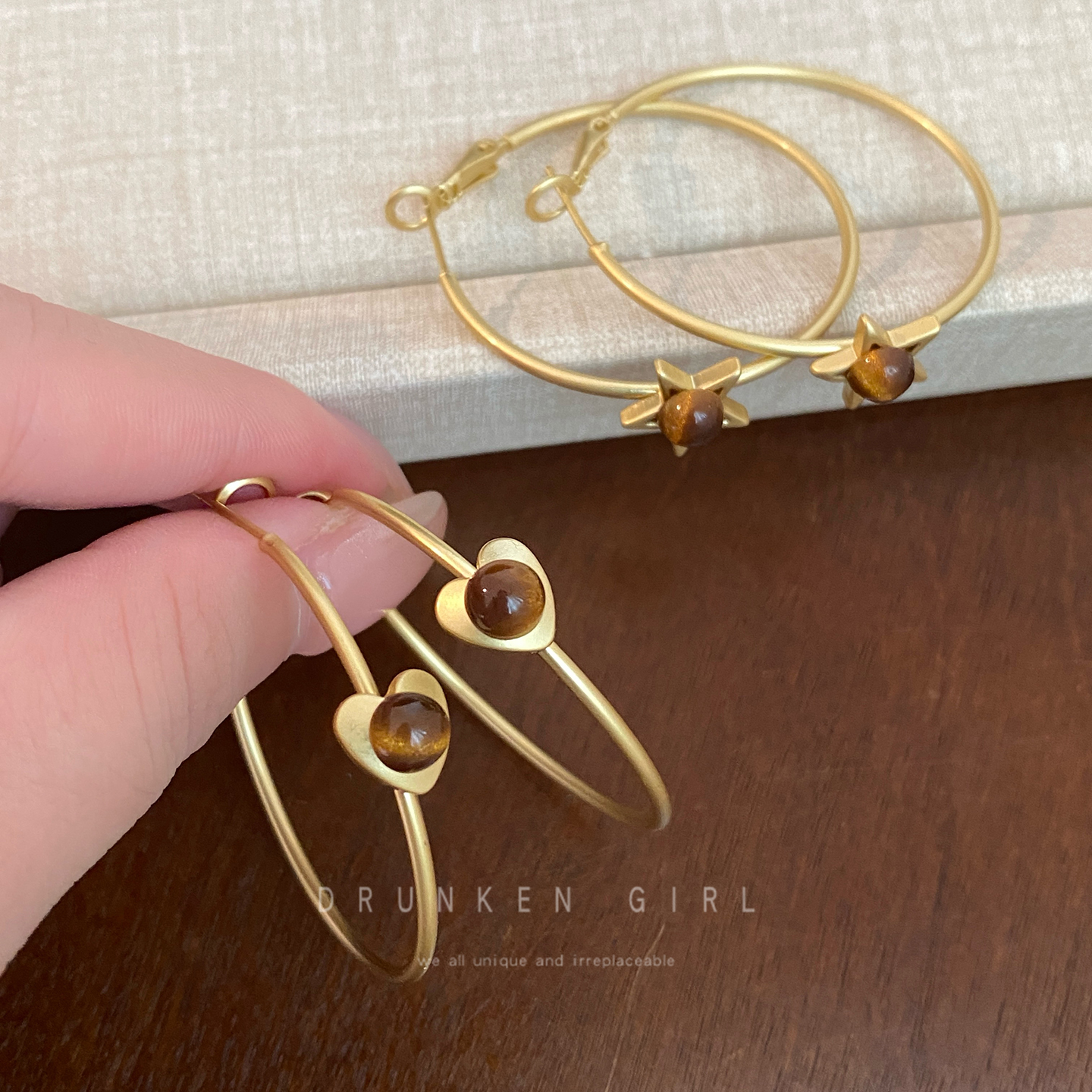 虎眼石星星爱心耳圈女轻奢高级感夸张耳环2025新款小众设计耳饰品 - 图0