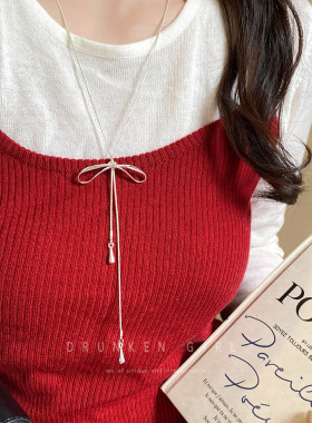 MIU系蝴蝶结吊坠长款抽拉项链