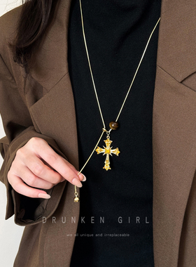 古着虎眼十字架项链女秋冬