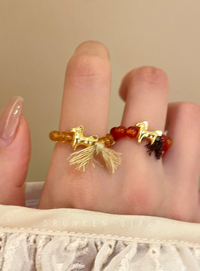 红色玛瑙小马串珠戒指女秋冬