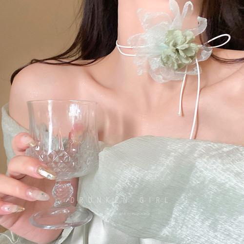 超仙氛围感花朵颈带系脖项链女海边度假丝带锁骨链多巴胺颈链配饰 - 图1
