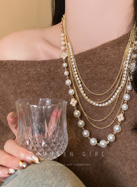 多层四叶草珍珠毛衣链女冬