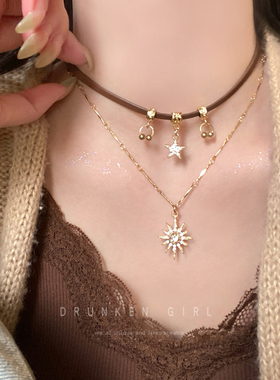 波西米亚叠戴太阳花项链女新款复古甜酷辣妹锁骨链美拉德颈链配饰