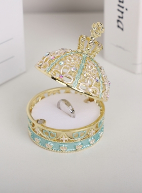 日韩珐琅彩镂空花朵皇冠首饰盒结婚戒指收纳盒网红礼品