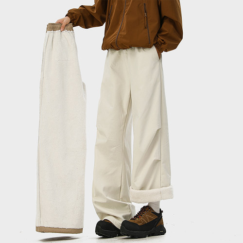 回力羊羔绒工装伞兵裤男士冬季2025新款加绒加厚保暖冲锋休闲裤子 - 图0