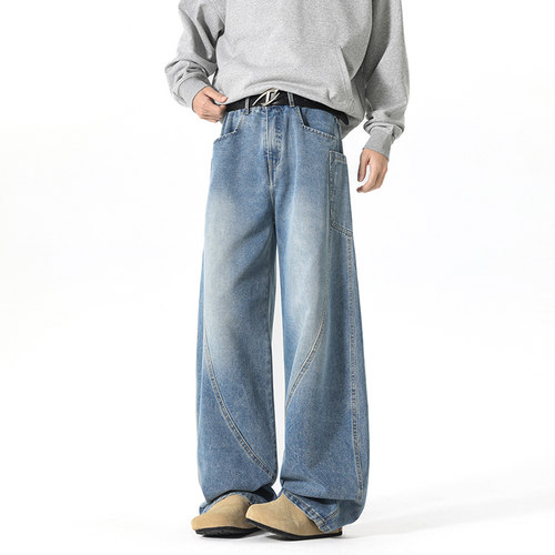 回力加绒弯刀牛仔裤男士秋冬季2025新款加厚宽松直筒阔腿休闲长裤 - 图1