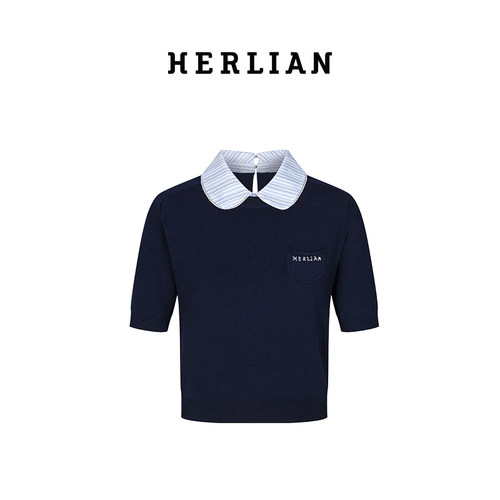 HERLIAN 夏季新品女士娃娃领针织短袖T恤上衣假两件polo衫 - 图3