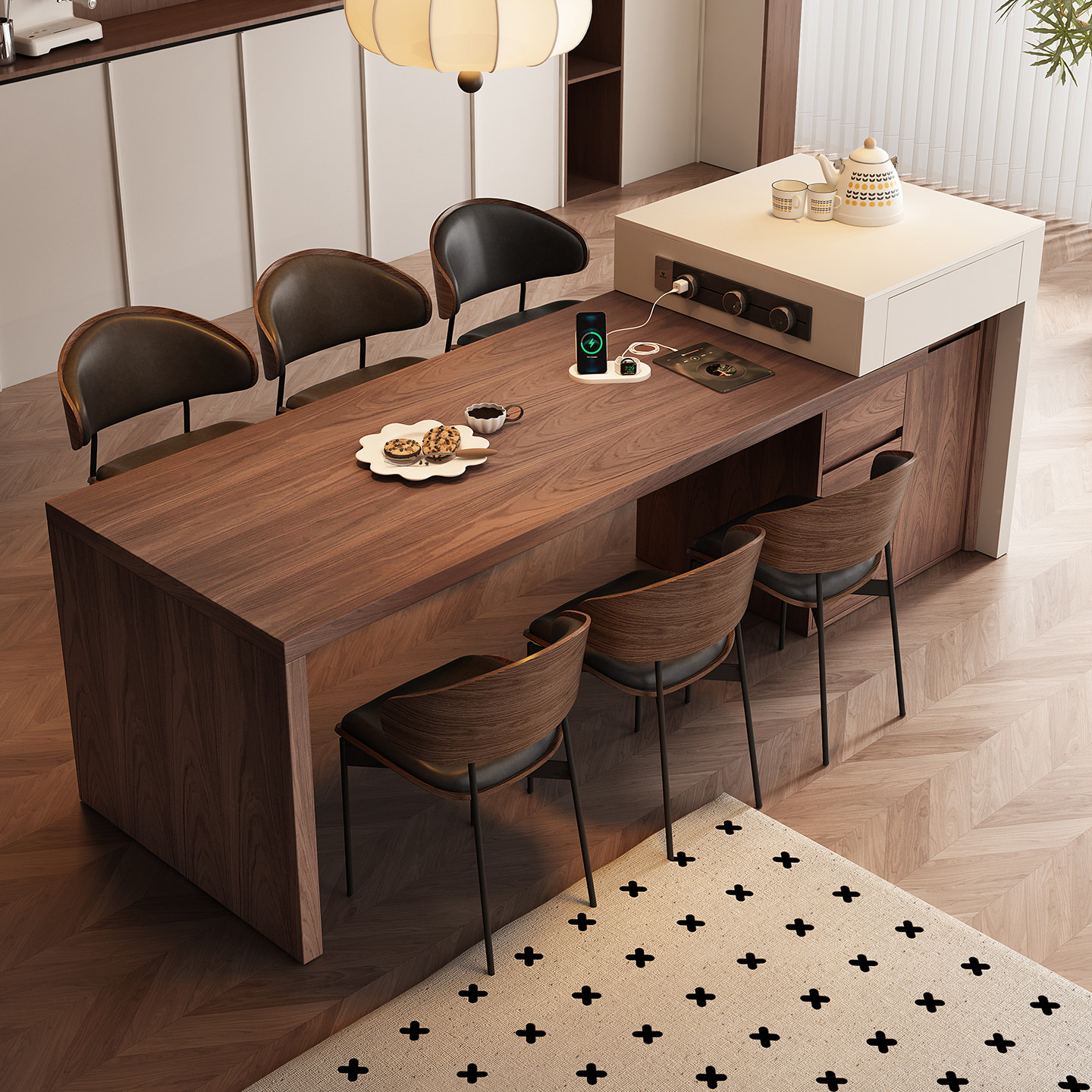 意式岛台餐桌一体家用可伸缩岩板高级胡桃实木餐厅多功能带泡茶导,淘宝优惠券,粉丝福利购,淘宝优惠卷