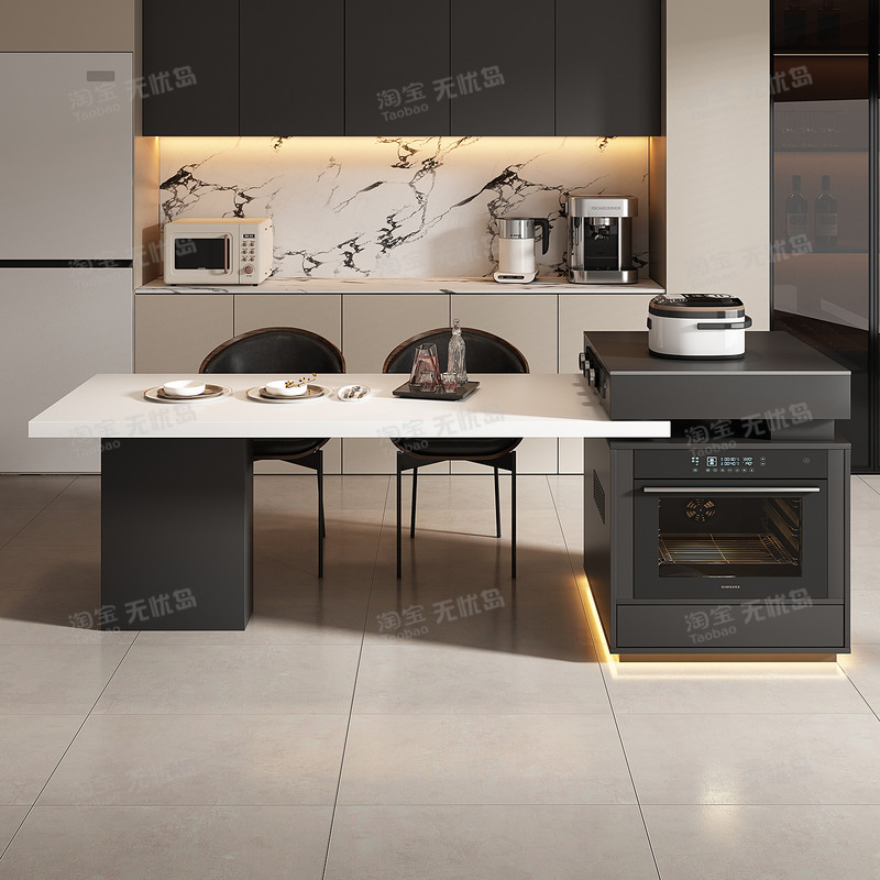 Italian-style island dining table can be retracted and can be built-in with steam oven and oven, multi-function microwave oven, open kitchen countertop