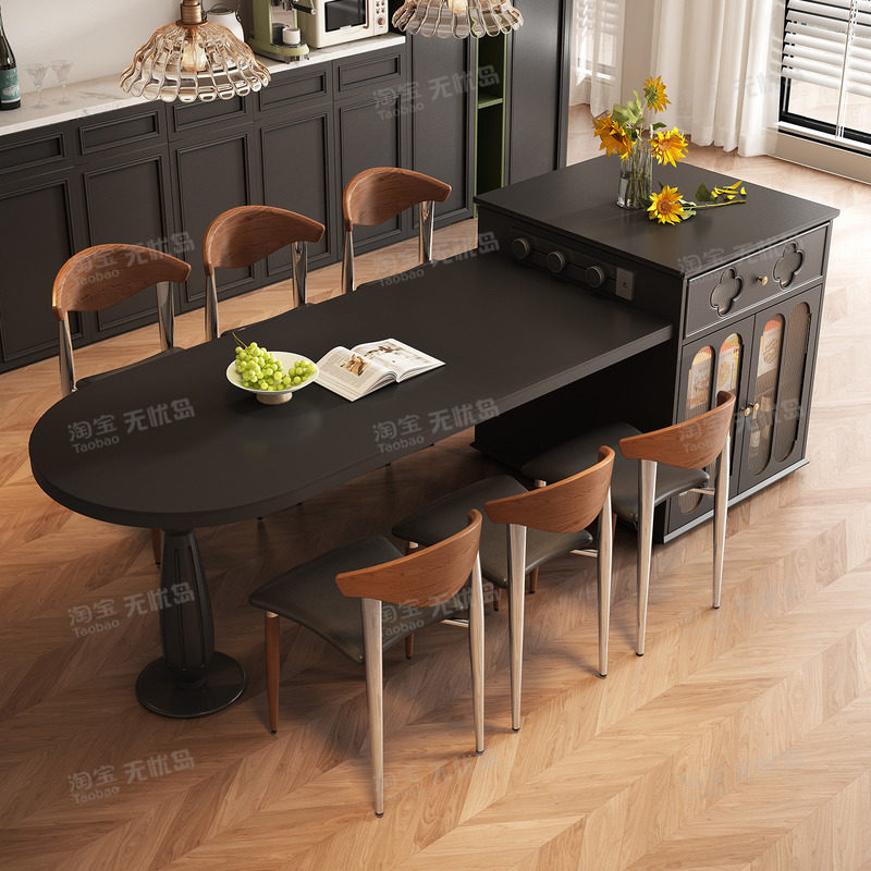 复古风岛台餐桌一体家用可伸缩弧形岩板开放式厨房带电磁炉吧台柜,淘宝优惠券,粉丝福利购,淘宝优惠卷