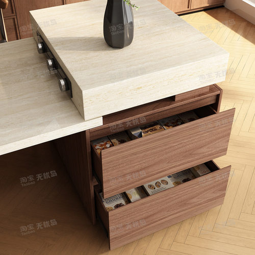 中古洞石岛台餐桌一体可伸缩小户型胡桃木色泡茶多功能高级感导台 - 图3
