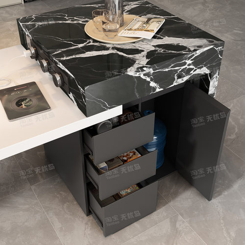 无忧岛宝格黑丽岩板岛台餐桌一体意式高级导台可伸缩定制储物倒台 - 图3