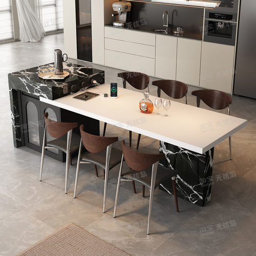 无忧岛宝格黑丽岩板岛台餐桌一体意式高级导台可伸缩定制储物倒台 - 图0