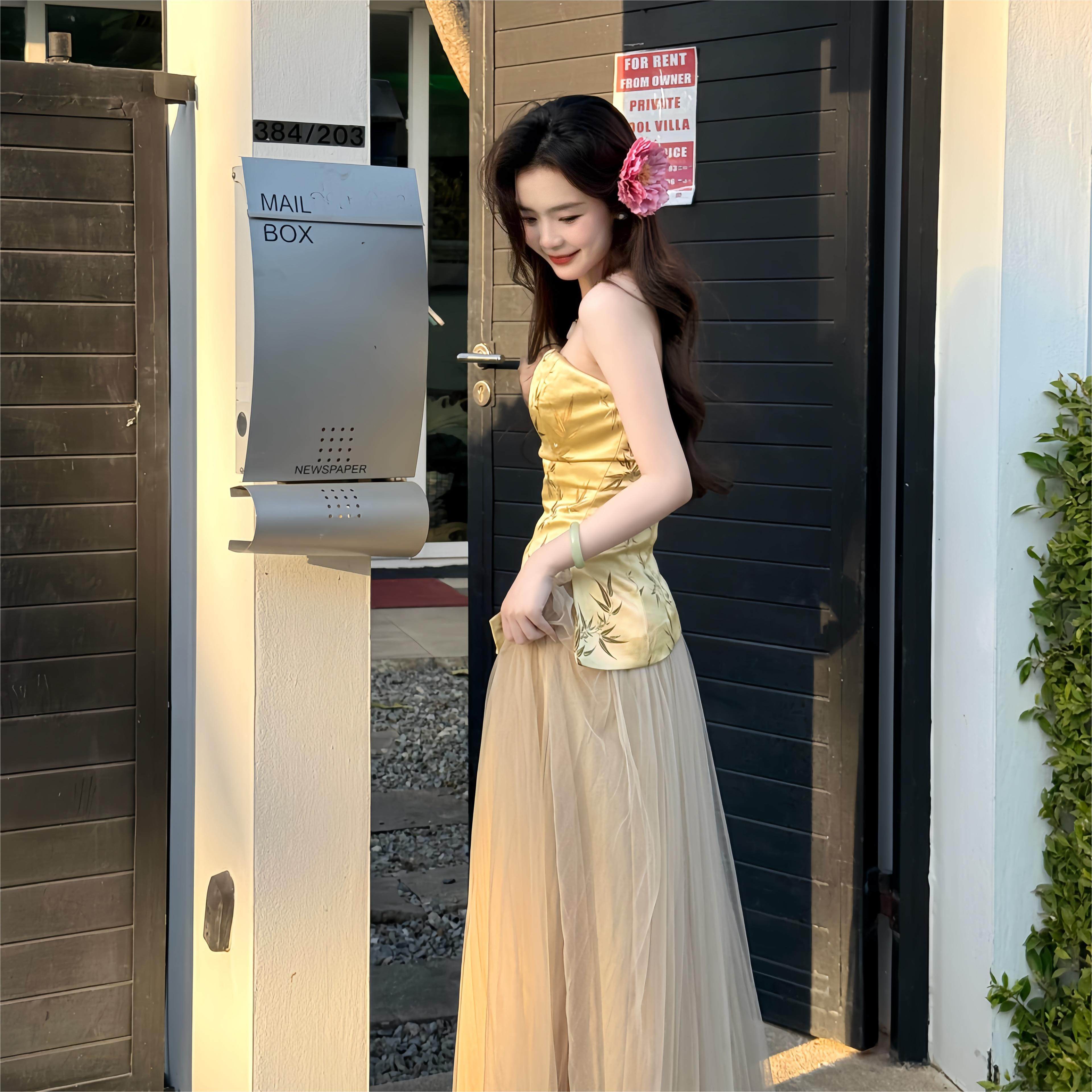 一罐杏仁桃新中式复古风高级感轻奢竹叶印花抹胸女气质不规则背心,淘宝优惠券,粉丝福利购,淘宝优惠卷