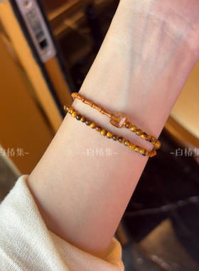 复古橄榄核竹节双圈手串原创设计虎眼石米珠叠戴新中式文玩配饰女