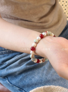 红玛瑙寿山石串珠手链小众设计感新中式复古淡水珍珠天然石手串女