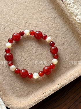 复古红玛瑙母贝串珠手链新中式森系小众设计高级感气质显白手串女
