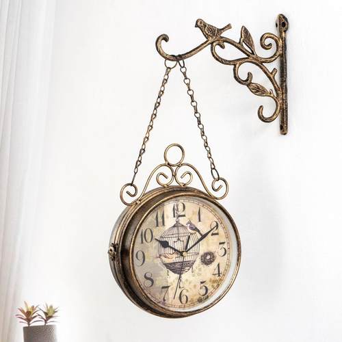 客厅挂钟钟表创意双面欧式时钟复古美式静音装饰简约铁艺钟两面小-图1