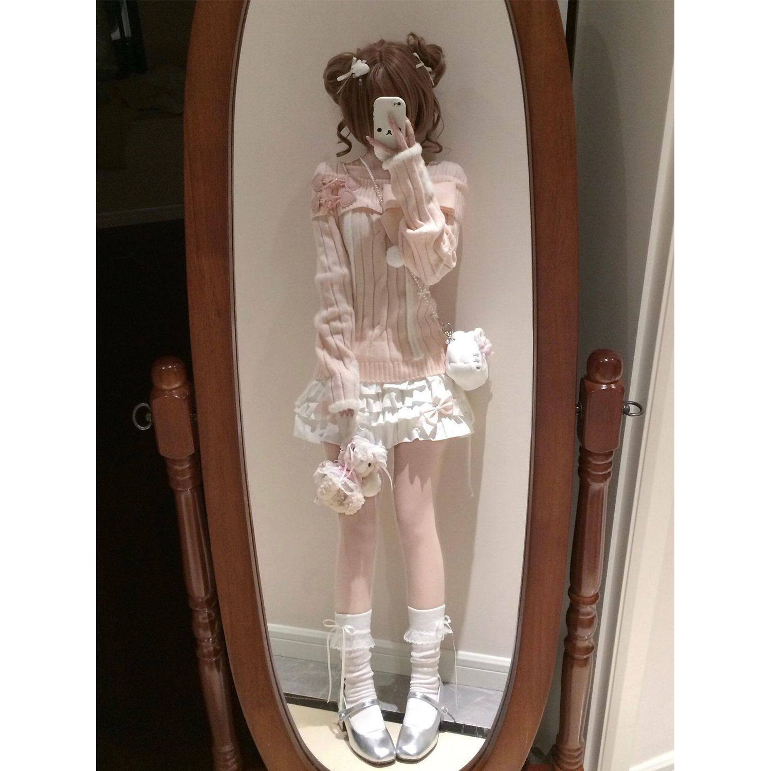 桃欲欲 冬季新款一字肩粉色针织上衣+蝴蝶结蛋糕短裙甜美两件套女,淘宝优惠券,粉丝福利购,淘宝优惠卷