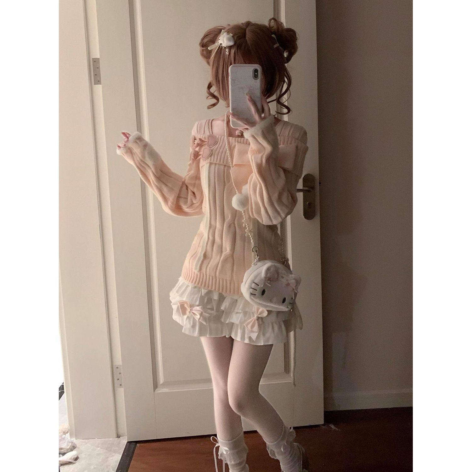 桃欲欲 冬季新款一字肩粉色针织上衣+蝴蝶结蛋糕短裙甜美两件套女,淘宝优惠券,粉丝福利购,淘宝优惠卷