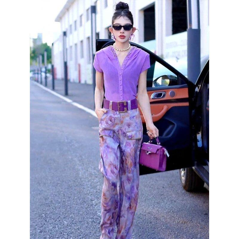 紫色连帽短袖t恤女2025新款夏季休闲洋气时尚减龄套装印花阔腿裤,淘宝优惠券,粉丝福利购,淘宝优惠卷