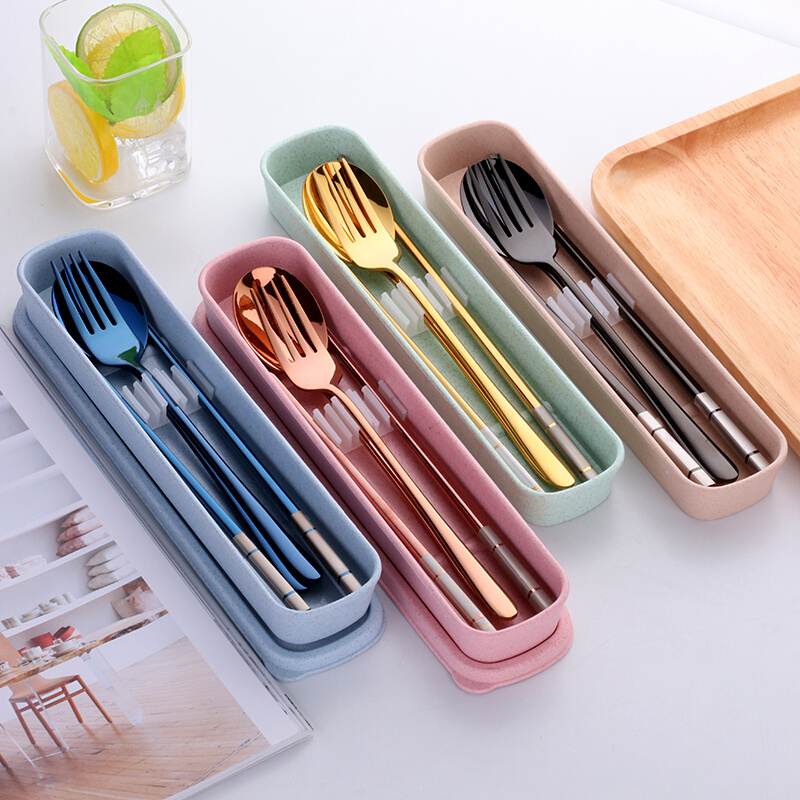 筷子勺子套装一人食上班便携餐具三件套不锈钢叉子单人学生收纳盒 - 图0