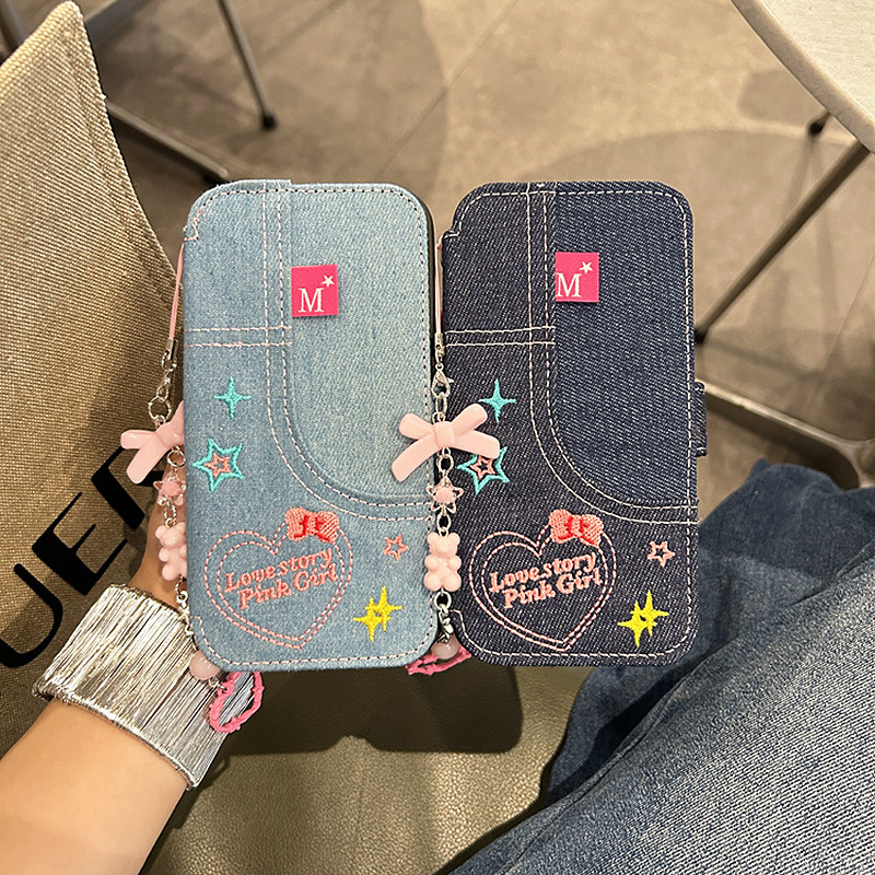 港风刺绣翻盖牛仔适用苹果17promax手机壳iphone13女款16pro新款12保护套11防摔14软壳15pro硅胶小众创意少女,淘宝优惠券,粉丝福利购,淘宝优惠卷