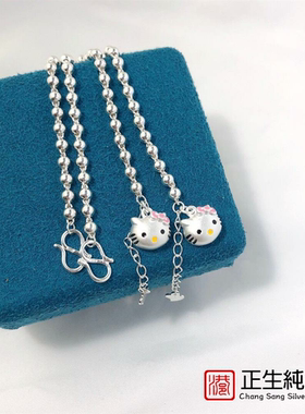 香港正生纯银s925光珠kt猫手链亲子款儿童卡通可爱小猫手链百搭潮
