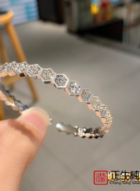 香港正生万足银手镯999.9银CNC精品时尚气质几何形满天星开口手镯