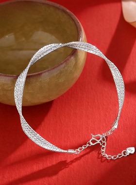 香港正生99足银莫比乌斯环手镯闪亮扭带编织银手链小众轻奢送女友