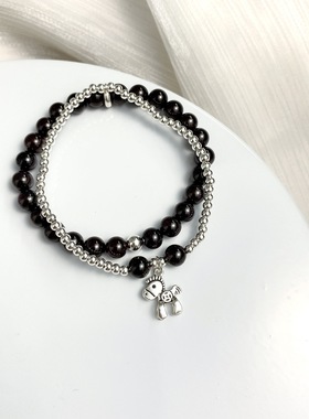 香港正生纯银S925纯银马上有钱转运珠手链 DIY百搭两圈光珠石榴石