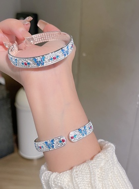 香港正生9999纯银手镯女款国潮风珐琅烧蓝蝴蝶心经送礼物足银手镯