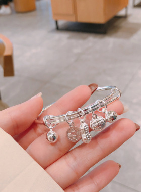 香港正生纯银足银9999民族风亮面推拉五宝银手镯纯银成人镯子送礼