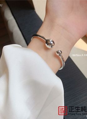 香港正生有求必应999足银镯子小众设计韩版ins大小球时尚开口纯银