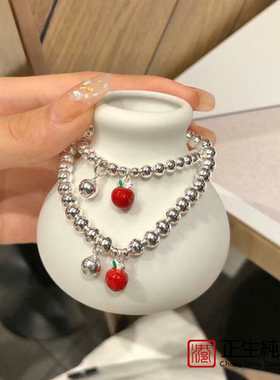 香港正生s925纯银转运珠手链光珠亲子款红苹果铃铛吊坠手串儿童