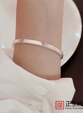 香港正生s999纯银笑脸手镯足银女小众年轻款时光不老英文手环新款