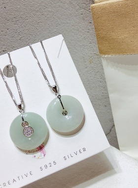 香港正生纯银s925纯银平安A货玉石平安扣套链项链日韩锁骨链女配