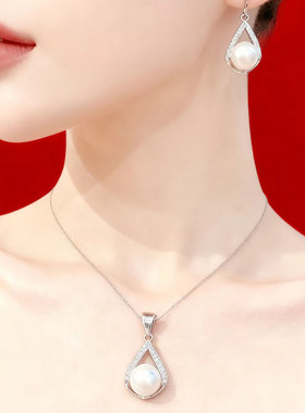 香港正生纯银S925纯银天然淡水珍珠耳环项链套装气质高雅送妈妈银