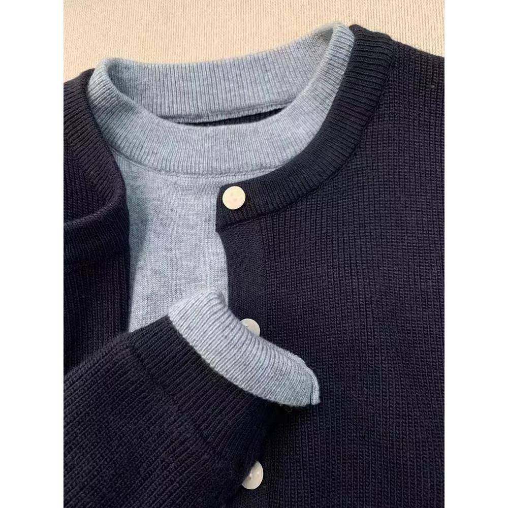 高级假两件圆领针织衫女26960松秋冬懒风宽感毛衣慵开衫外套设计,淘宝优惠券,粉丝福利购,淘宝优惠卷