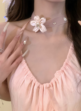 花颜悦己~甜美少女粉色花朵项链女小众设计感气质颈链配饰锁骨链