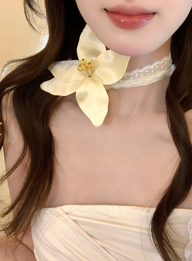 春日出逃~甜美纯欲白色花朵蕾丝项链长款系带颈链超仙气质锁骨链