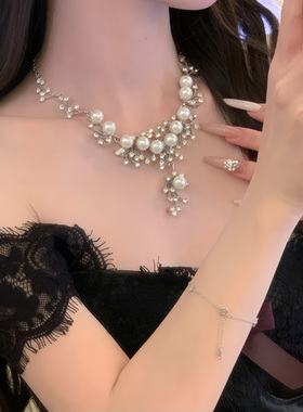 矜贵佳人~千金感闪锆珍珠项链女锁骨链宴会气质新娘礼服配饰颈链