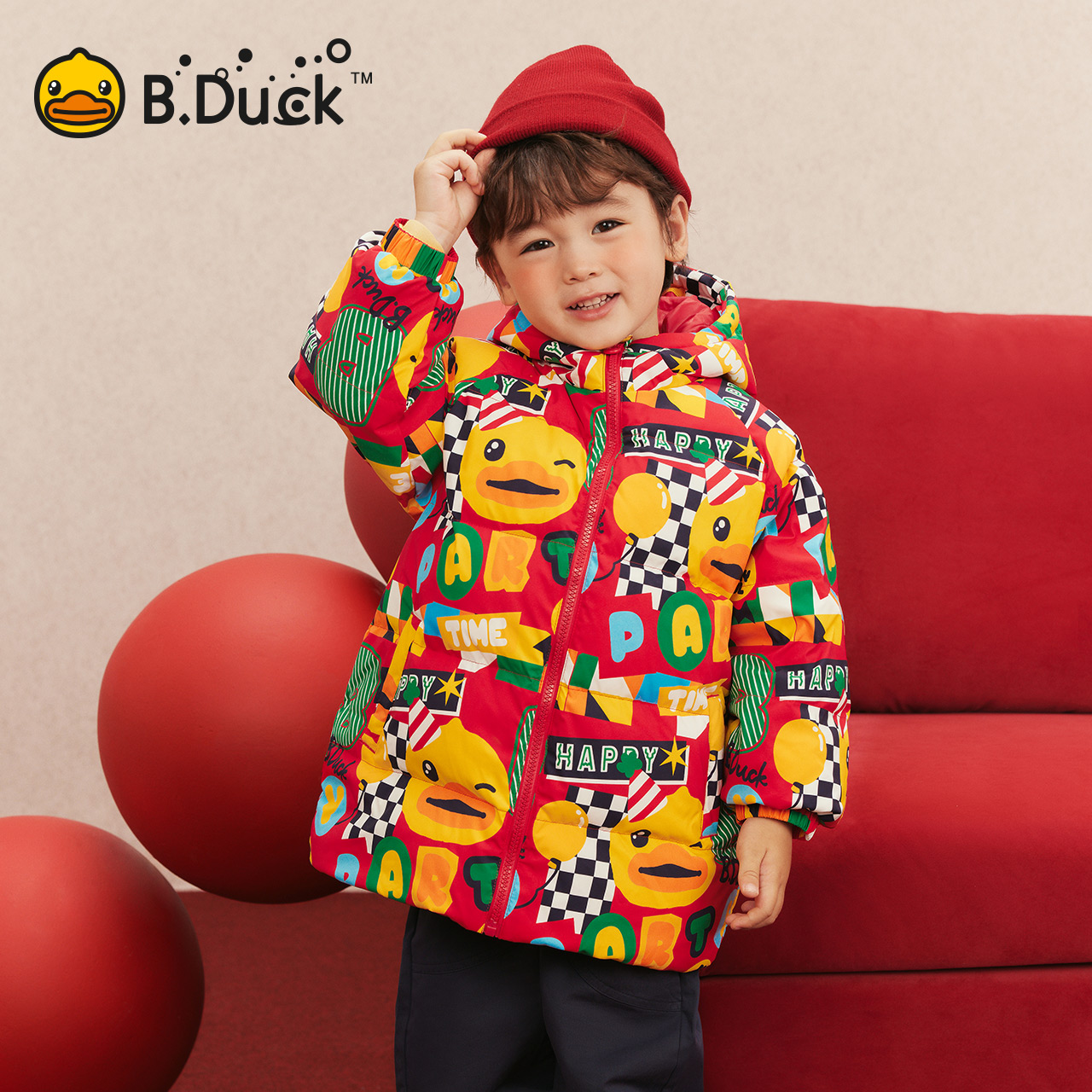 bduck小黄鸭童装男童连帽羽绒服宝宝冬装中长款红色新年衣服外套