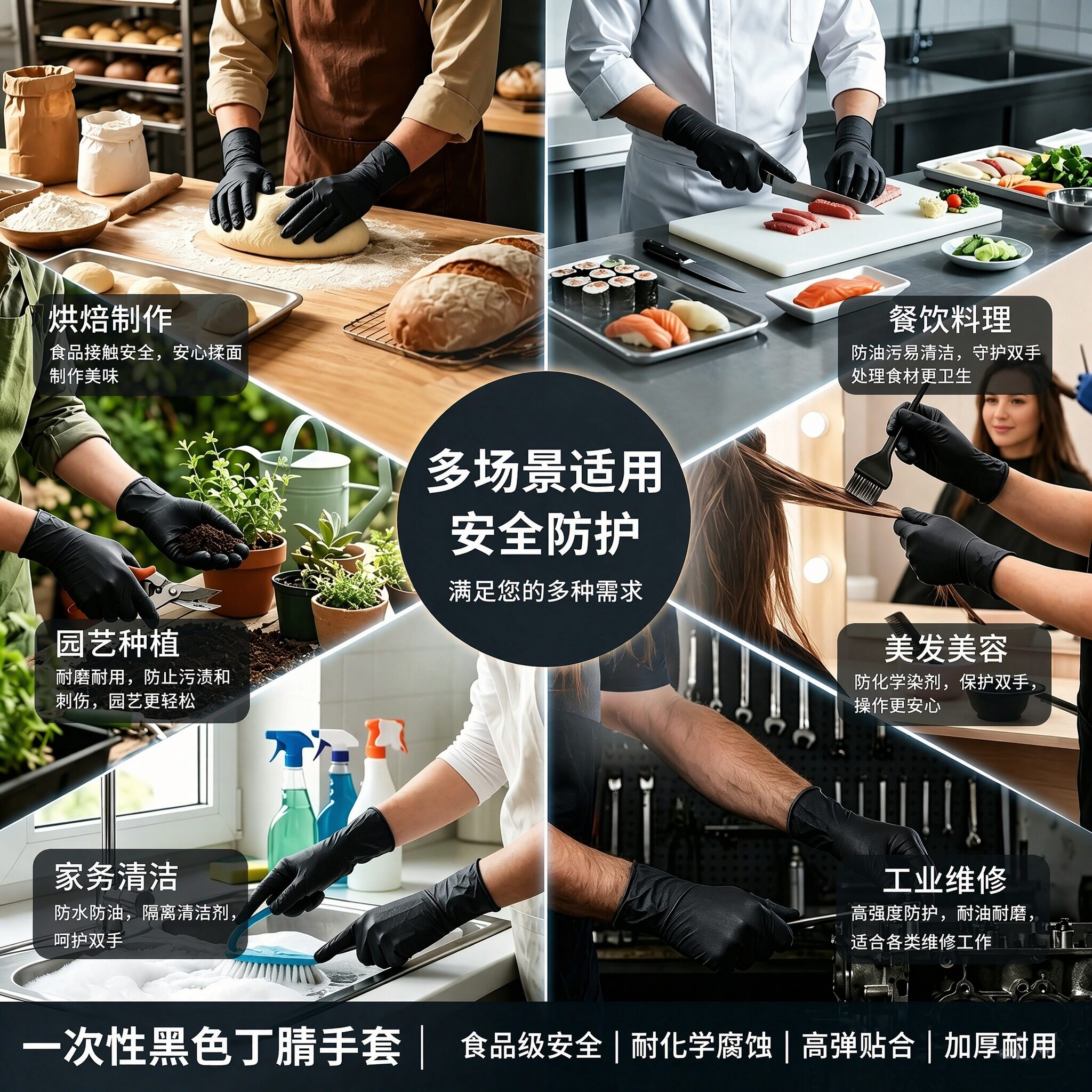 英科医疗一次性黑色丁腈手套加厚耐用食品级餐饮家用清洁工业耐油