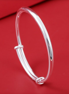 福凤茗纯银手镯女9999年轻款银饰光面实心镯子素圈送女友生日礼物