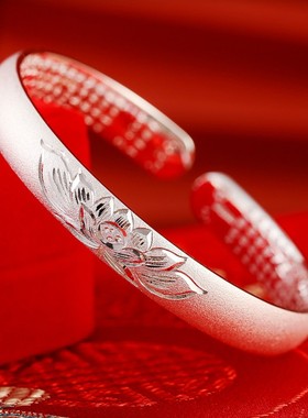 凤凰莲花开口纯银手镯999女