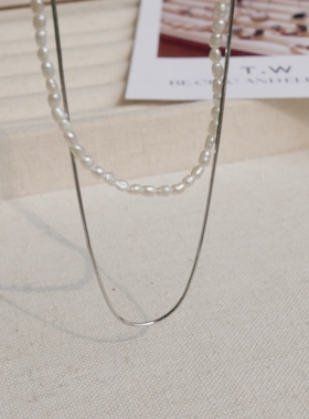 绝绝子春夏通体925纯银天然珍珠意大利手工细蛇骨链性感双层项链