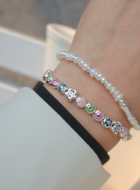 T.W奶油花多巴胺新款通体925银珐琅工艺不掉色森系简约气质手链